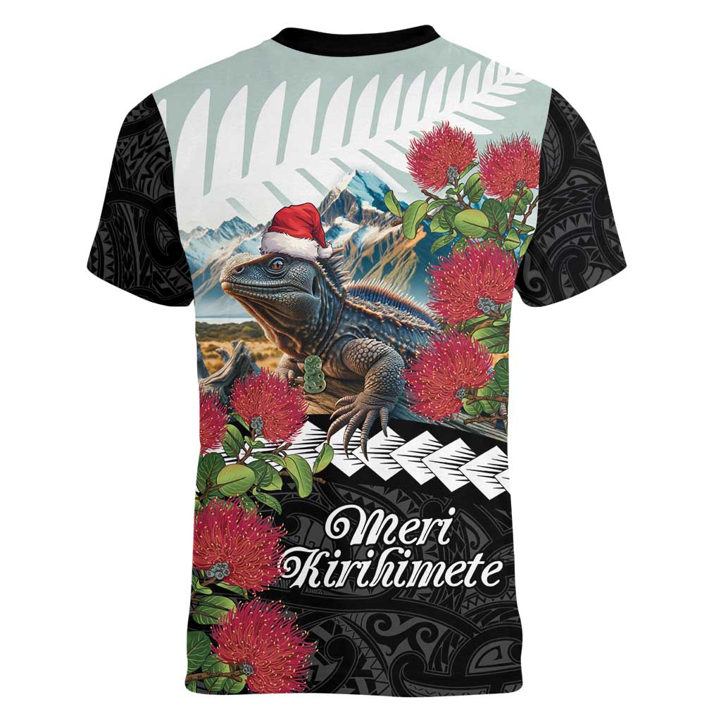 Meri Kirihimete Tuatara Women V-Neck T-Shirt New Zealand Fern with Puhutukawa Flowers LT9 - Polynesian Pride