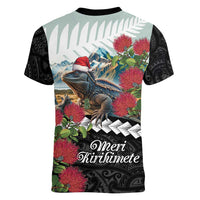 Meri Kirihimete Tuatara Women V-Neck T-Shirt New Zealand Fern with Puhutukawa Flowers LT9 - Polynesian Pride