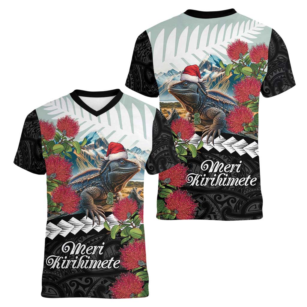 Meri Kirihimete Tuatara Women V-Neck T-Shirt New Zealand Fern with Puhutukawa Flowers LT9 - Polynesian Pride