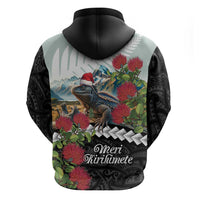 Meri Kirihimete Tuatara Zip Hoodie New Zealand Fern with Puhutukawa Flowers