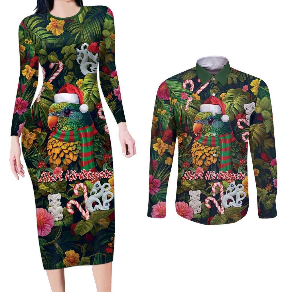 Meri Kirihimete Kakapo Santa Couples Matching Long Sleeve Bodycon Dress and Long Sleeve Button Shirt Merry Christmas with Tropical Vibe LT9 Green - Polynesian Pride