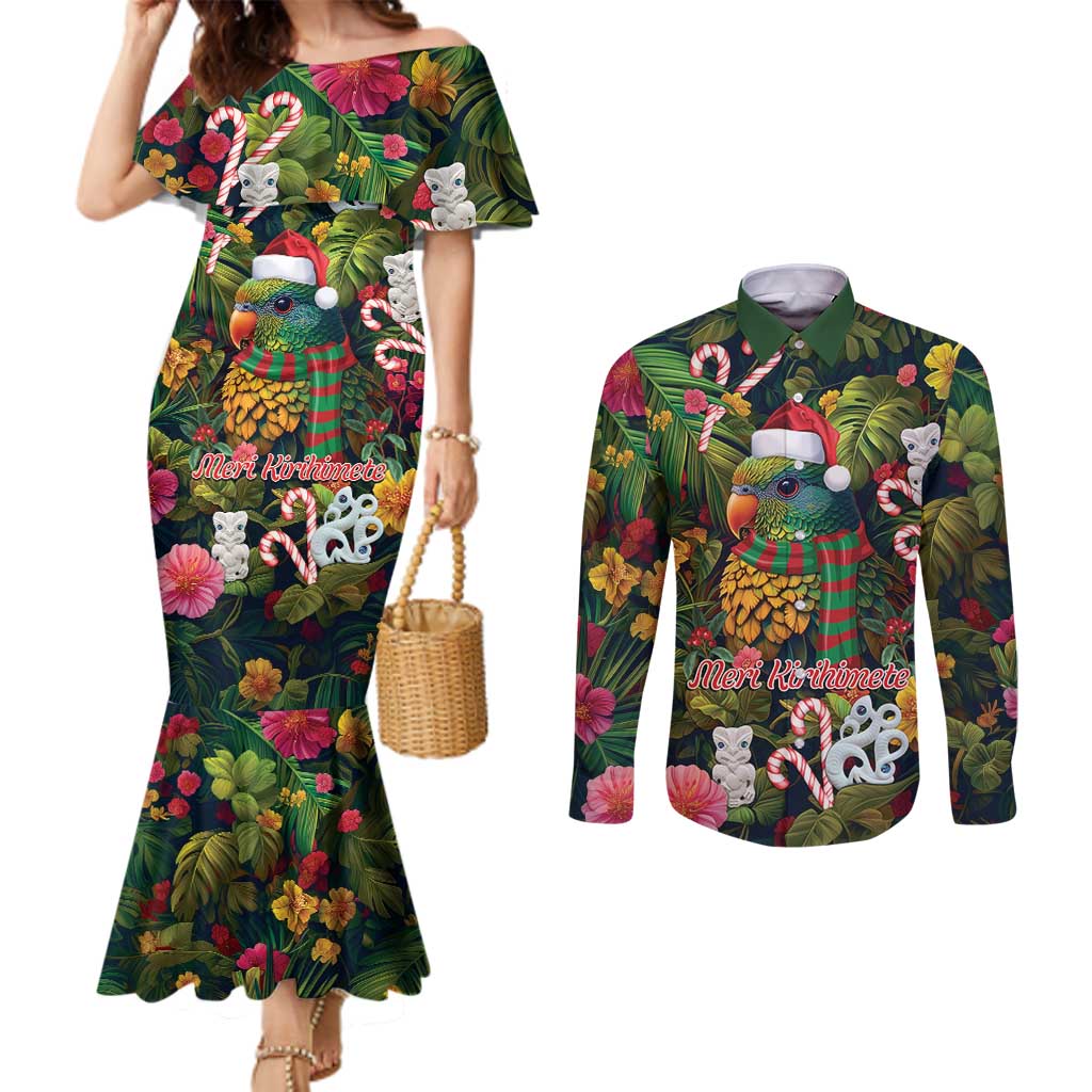 Meri Kirihimete Kakapo Santa Couples Matching Mermaid Dress and Long Sleeve Button Shirt Merry Christmas with Tropical Vibe