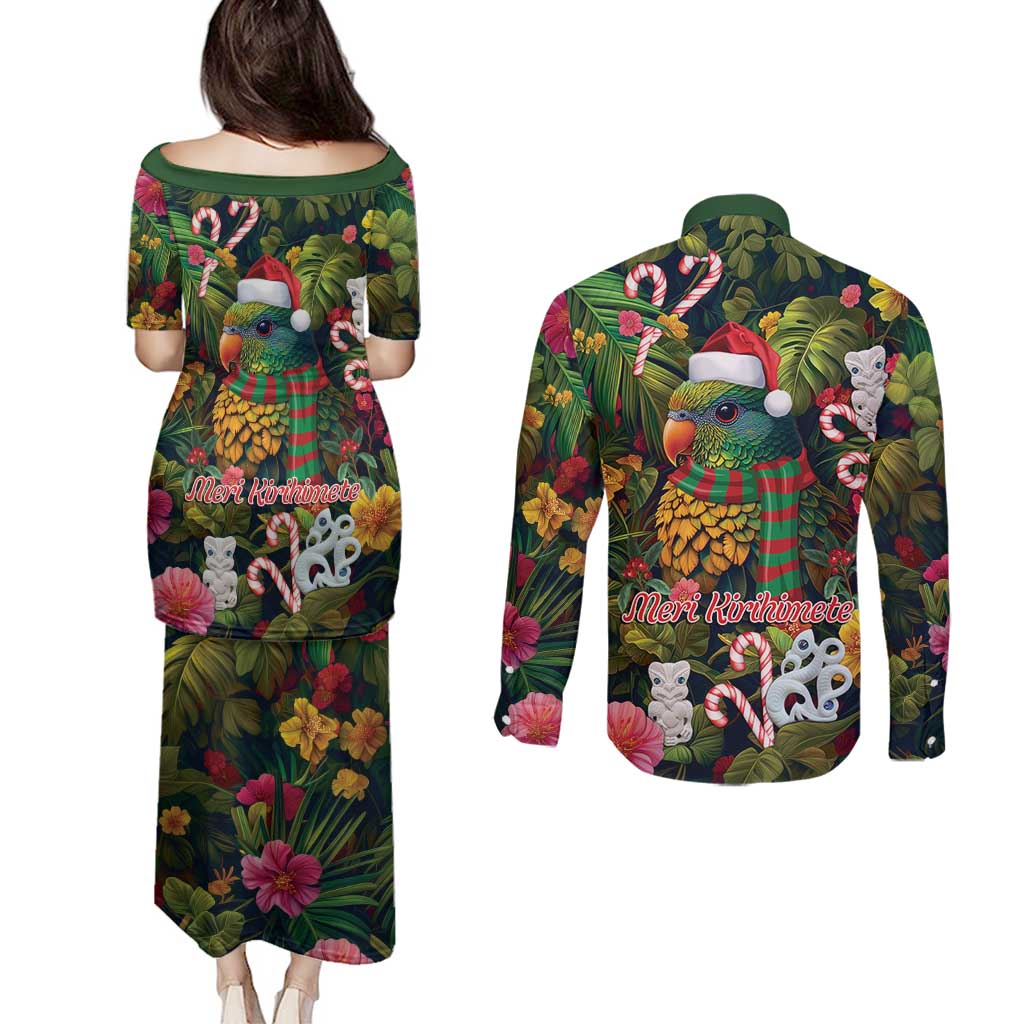 Meri Kirihimete Kakapo Santa Couples Matching Puletasi and Long Sleeve Button Shirt Merry Christmas with Tropical Vibe