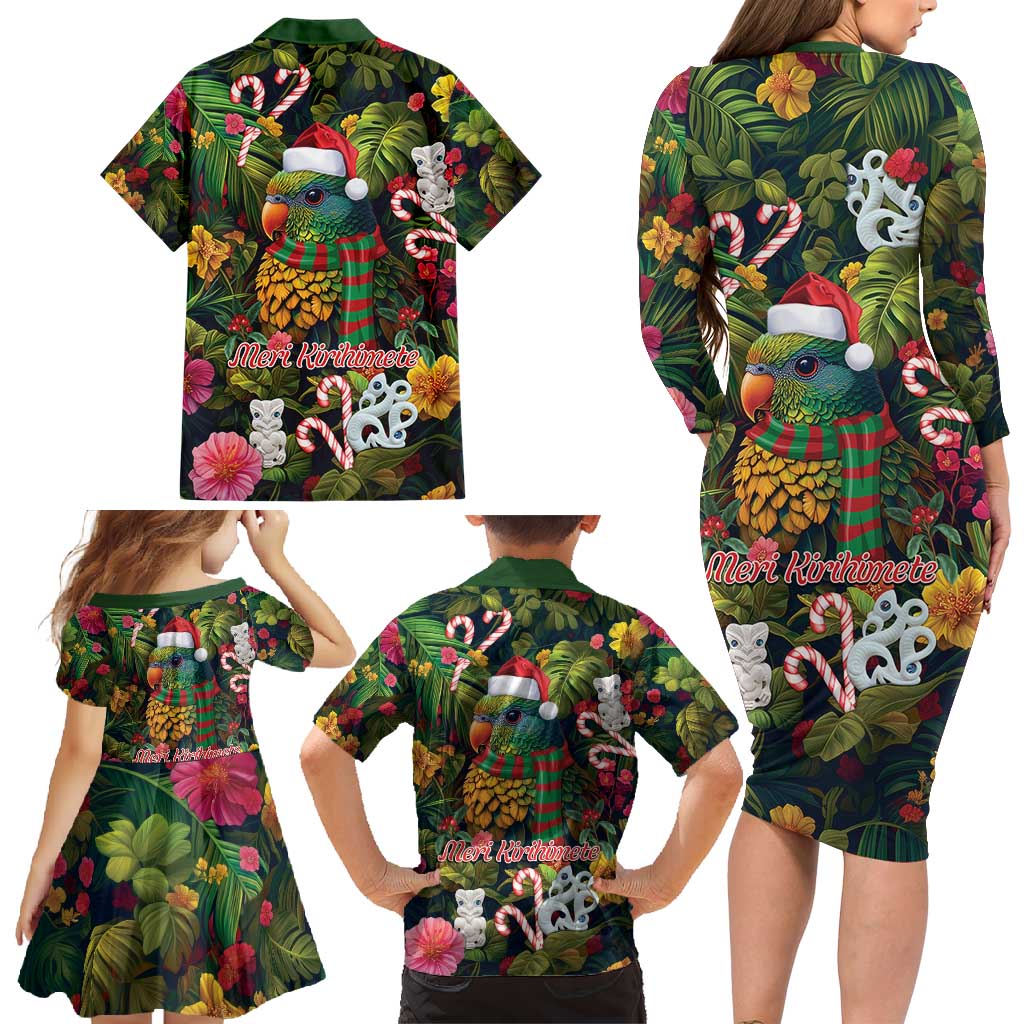 Meri Kirihimete Kakapo Santa Family Matching Long Sleeve Bodycon Dress and Hawaiian Shirt Merry Christmas with Tropical Vibe
