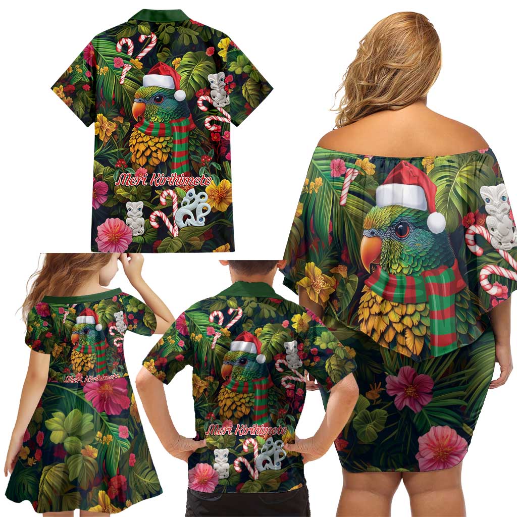 Meri Kirihimete Kakapo Santa Family Matching Off Shoulder Short Dress and Hawaiian Shirt Merry Christmas with Tropical Vibe