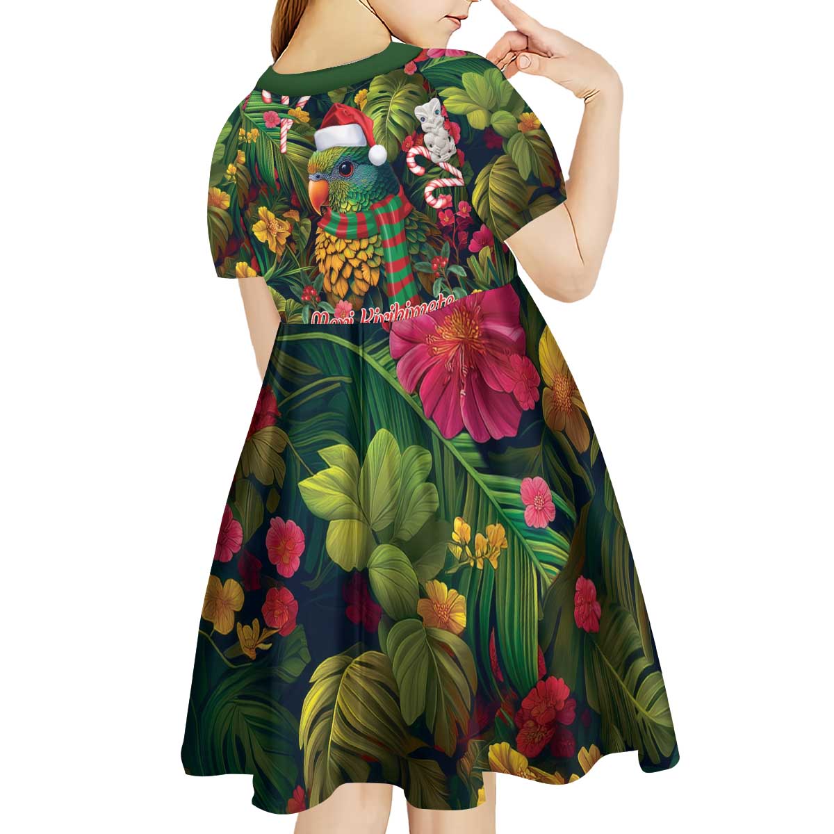 Meri Kirihimete Kakapo Santa Kid Short Sleeve Dress Merry Christmas with Tropical Vibe