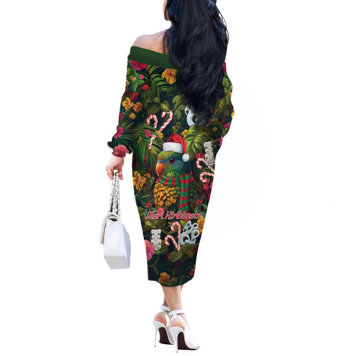 Meri Kirihimete Kakapo Santa Off The Shoulder Long Sleeve Dress Merry Christmas with Tropical Vibe