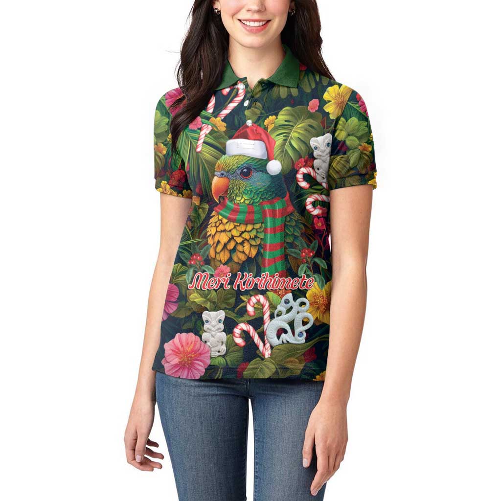 Meri Kirihimete Kakapo Santa Women Polo Shirt Merry Christmas with Tropical Vibe