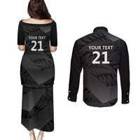 New Zealand Cricket Custom Couples Matching Puletasi and Long Sleeve Button Shirt Potae Pango Black Fern Pattern