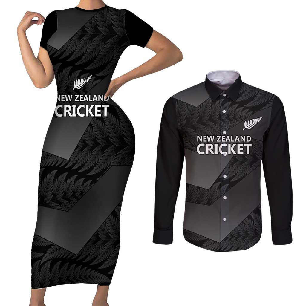 New Zealand Cricket Custom Couples Matching Short Sleeve Bodycon Dress and Long Sleeve Button Shirt Potae Pango Black Fern Pattern LT9 Black - Polynesian Pride