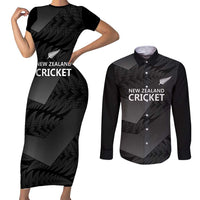 New Zealand Cricket Custom Couples Matching Short Sleeve Bodycon Dress and Long Sleeve Button Shirt Potae Pango Black Fern Pattern LT9 Black - Polynesian Pride