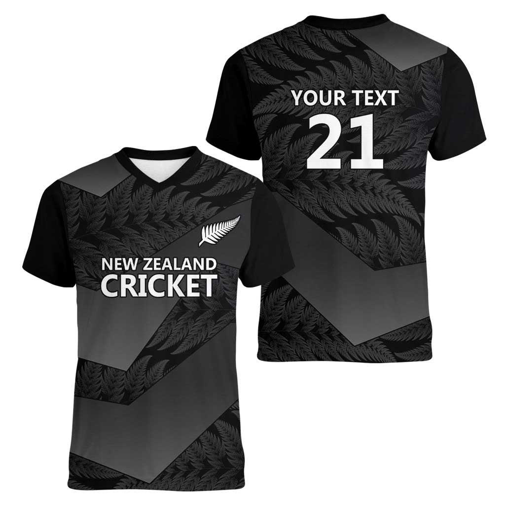 New Zealand Cricket Custom Women V-Neck T-Shirt Potae Pango Black Fern Pattern