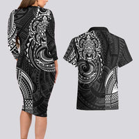 Polynesian Turtle Tribal Tattoo Couples Matching Long Sleeve Bodycon Dress and Hawaiian Shirt Black Style