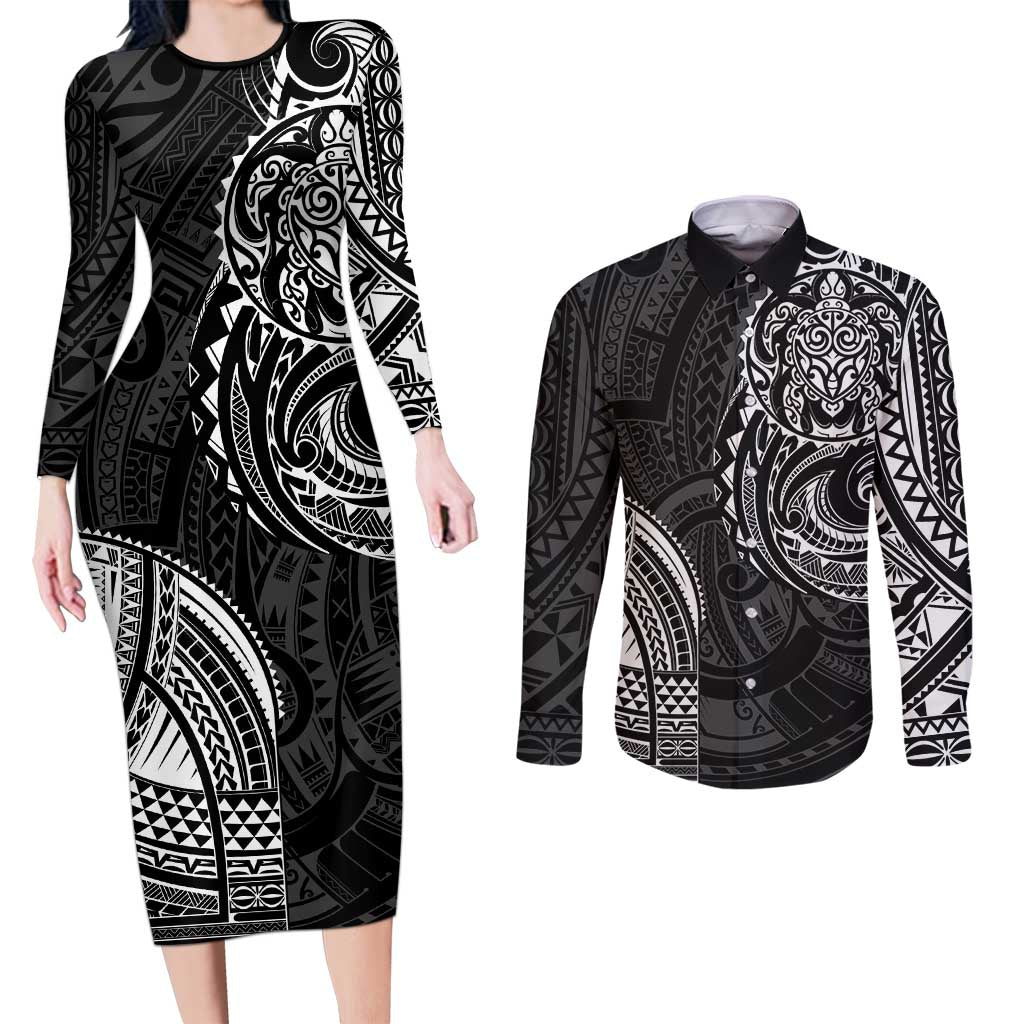 Polynesian Turtle Tribal Tattoo Couples Matching Long Sleeve Bodycon Dress and Long Sleeve Button Shirt Black Style