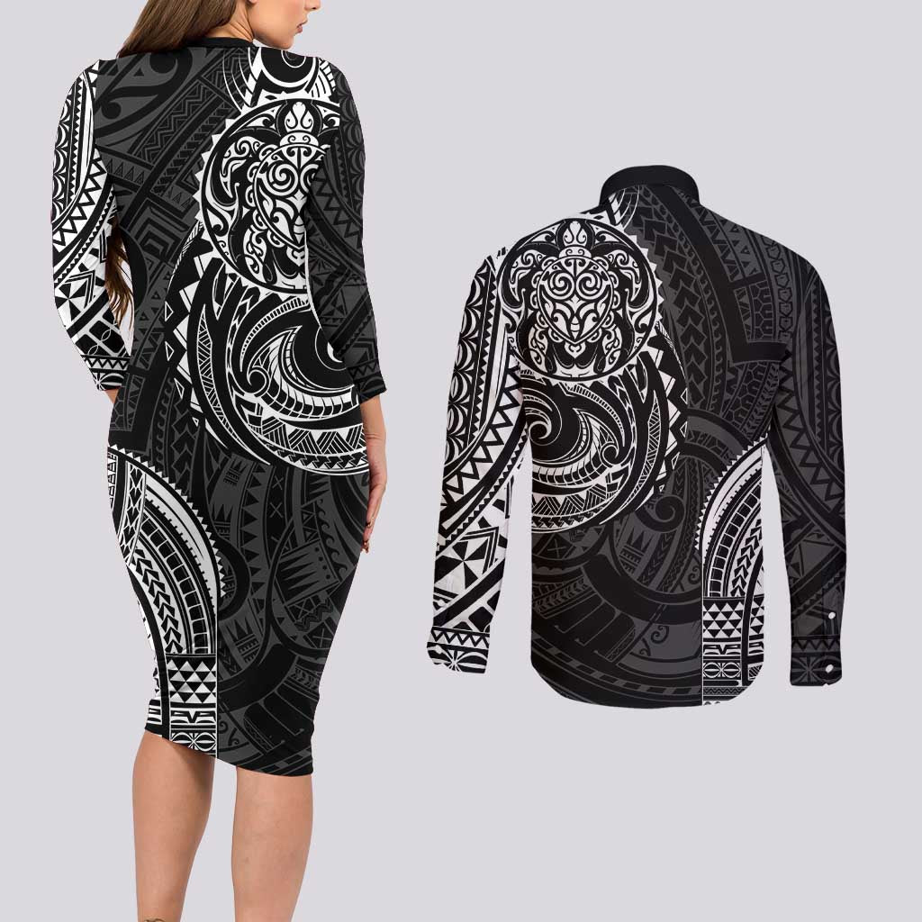 Polynesian Turtle Tribal Tattoo Couples Matching Long Sleeve Bodycon Dress and Long Sleeve Button Shirt Black Style