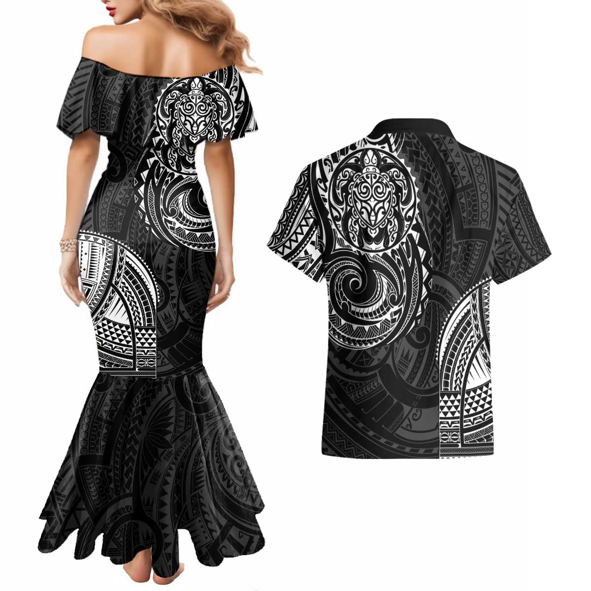 Polynesian Turtle Tribal Tattoo Couples Matching Mermaid Dress and Hawaiian Shirt Black Style
