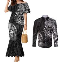 Polynesian Turtle Tribal Tattoo Couples Matching Mermaid Dress and Long Sleeve Button Shirt Black Style