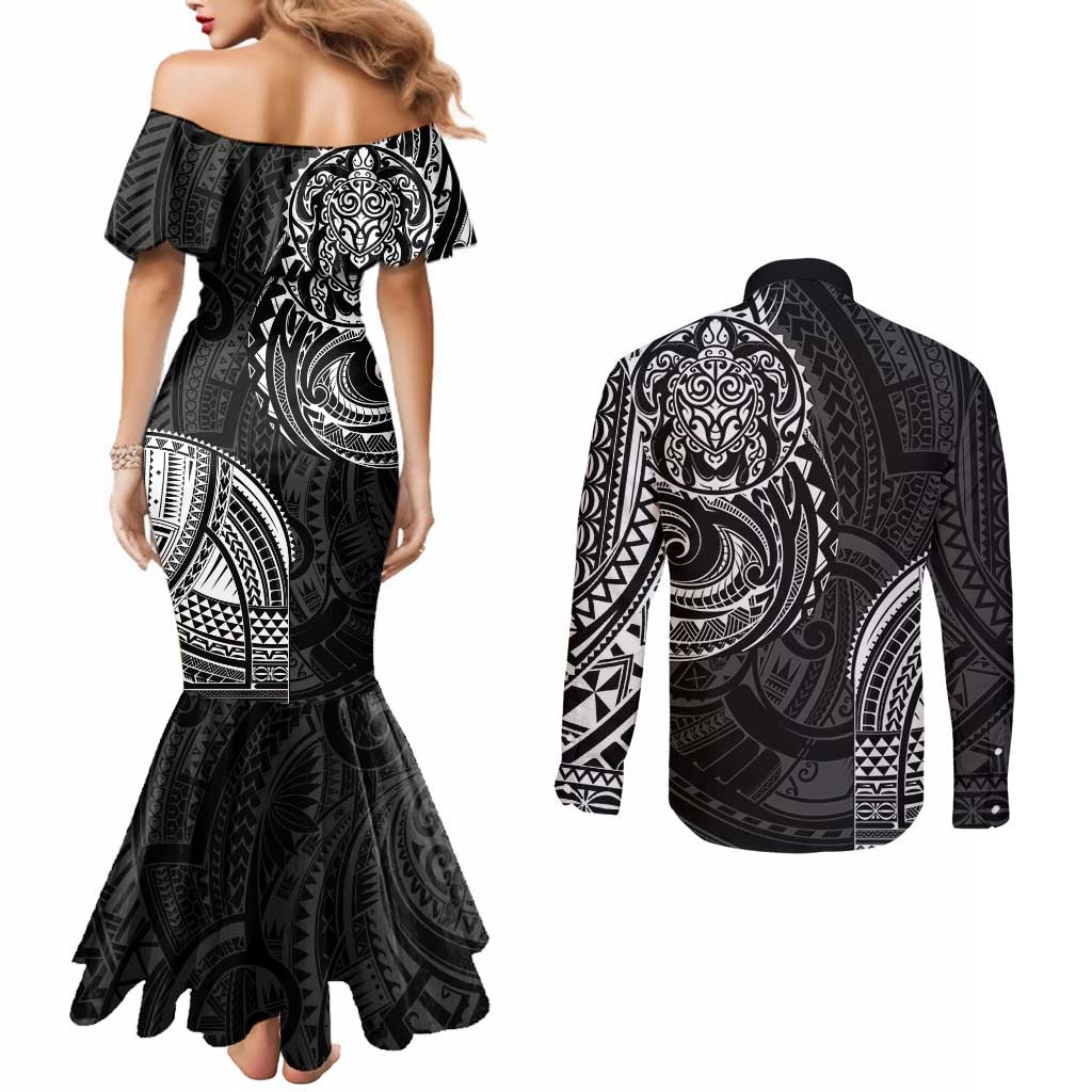 Polynesian Turtle Tribal Tattoo Couples Matching Mermaid Dress and Long Sleeve Button Shirt Black Style