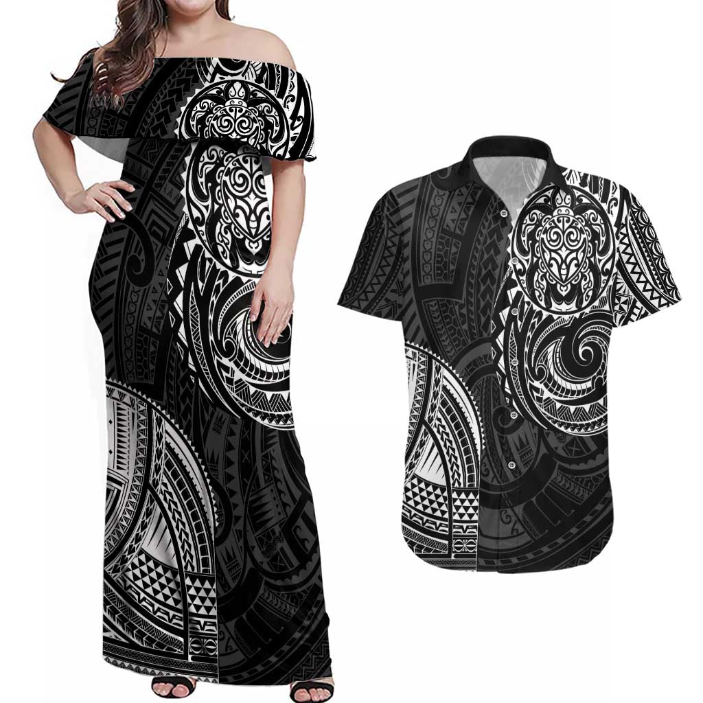Polynesian Turtle Tribal Tattoo Couples Matching Off Shoulder Maxi Dress and Hawaiian Shirt Black Style