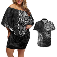 Polynesian Turtle Tribal Tattoo Couples Matching Off Shoulder Short Dress and Hawaiian Shirt Black Style