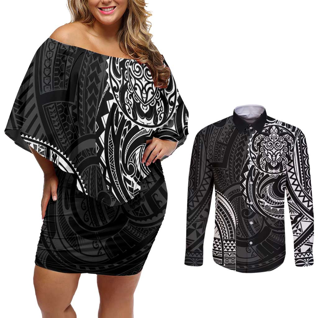 Polynesian Turtle Tribal Tattoo Couples Matching Off Shoulder Short Dress and Long Sleeve Button Shirt Black Style