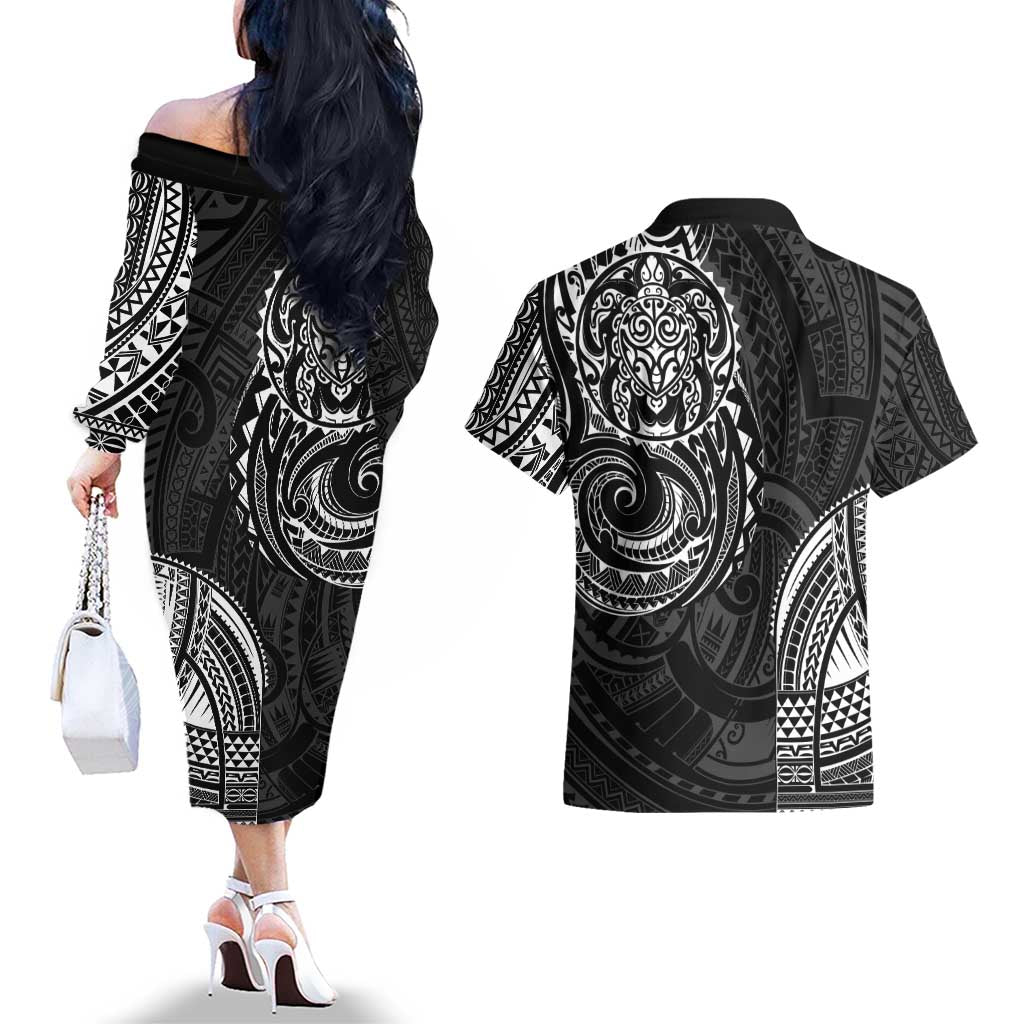 Polynesian Turtle Tribal Tattoo Couples Matching Off The Shoulder Long Sleeve Dress and Hawaiian Shirt Black Style