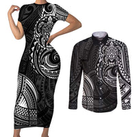 Polynesian Turtle Tribal Tattoo Couples Matching Short Sleeve Bodycon Dress and Long Sleeve Button Shirt Black Style