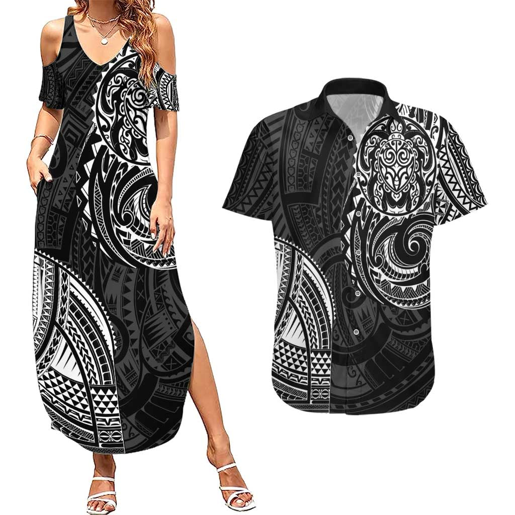 Polynesian Turtle Tribal Tattoo Couples Matching Summer Maxi Dress and Hawaiian Shirt Black Style