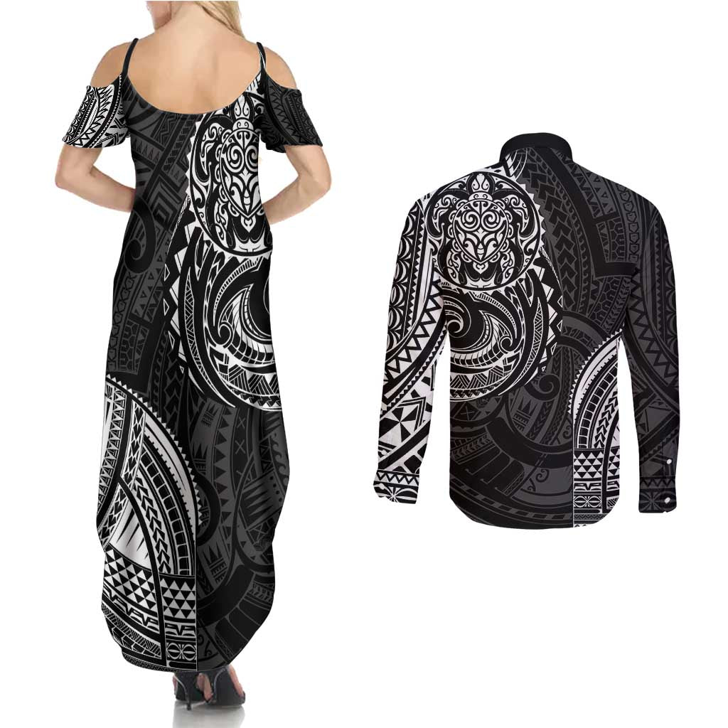 Polynesian Turtle Tribal Tattoo Couples Matching Summer Maxi Dress and Long Sleeve Button Shirt Black Style