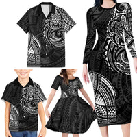 Polynesian Turtle Tribal Tattoo Family Matching Long Sleeve Bodycon Dress and Hawaiian Shirt Black Style
