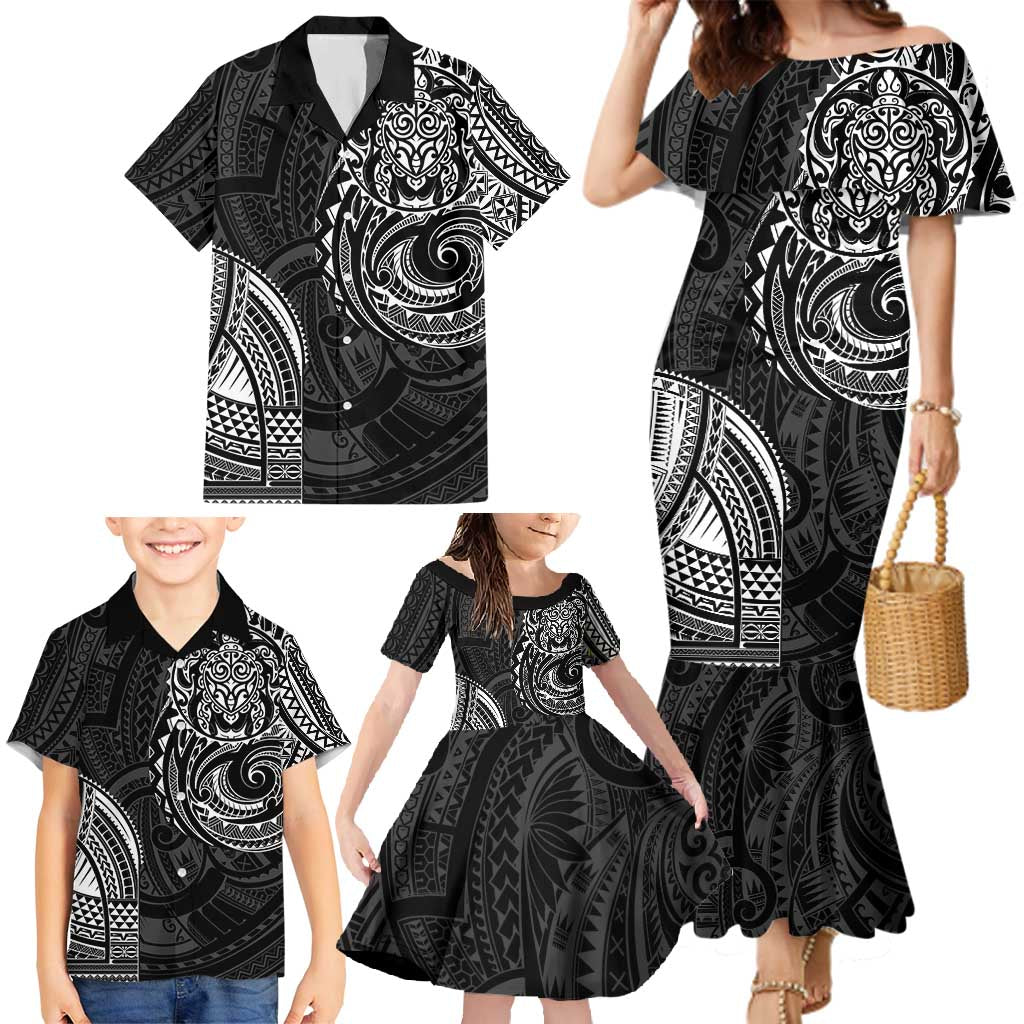 Polynesian Turtle Tribal Tattoo Family Matching Mermaid Dress and Hawaiian Shirt Black Style