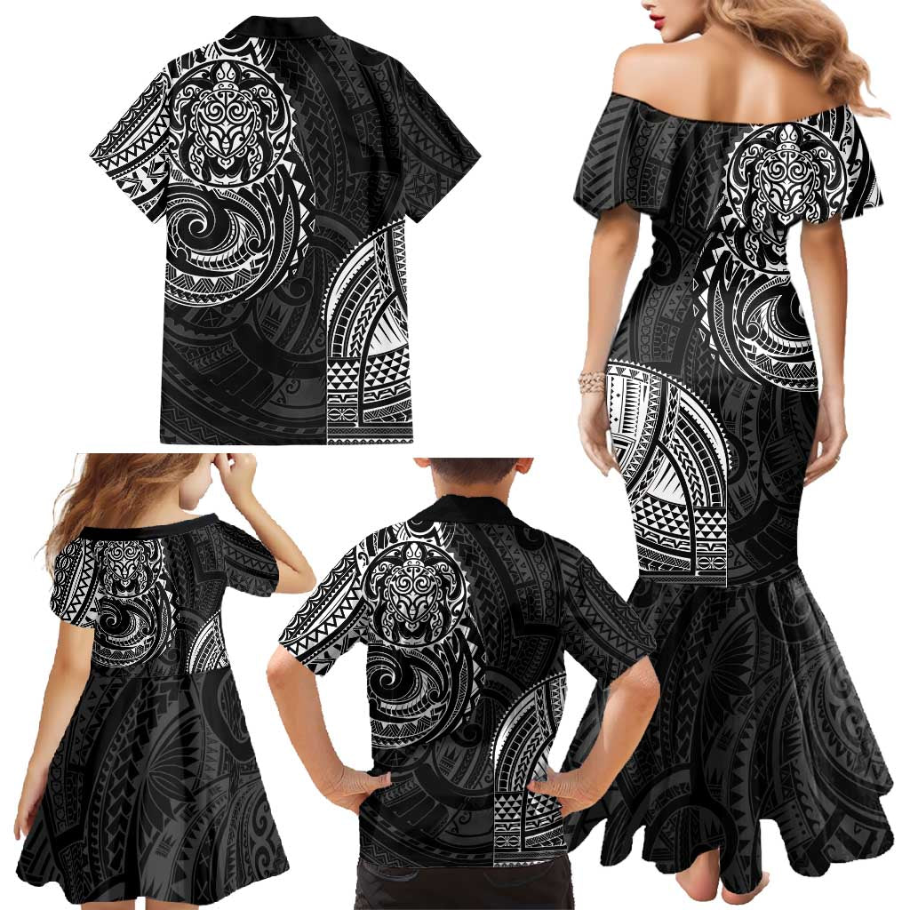Polynesian Turtle Tribal Tattoo Family Matching Mermaid Dress and Hawaiian Shirt Black Style