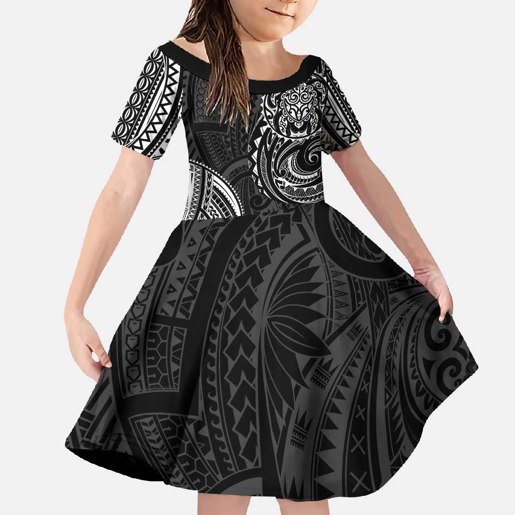 Polynesian Turtle Tribal Tattoo Family Matching Off Shoulder Maxi Dress and Hawaiian Shirt Black Style