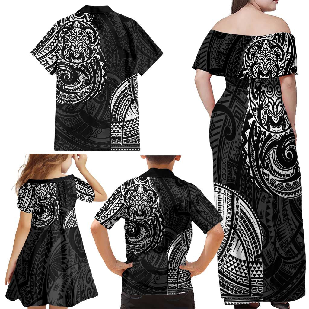 Polynesian Turtle Tribal Tattoo Family Matching Off Shoulder Maxi Dress and Hawaiian Shirt Black Style