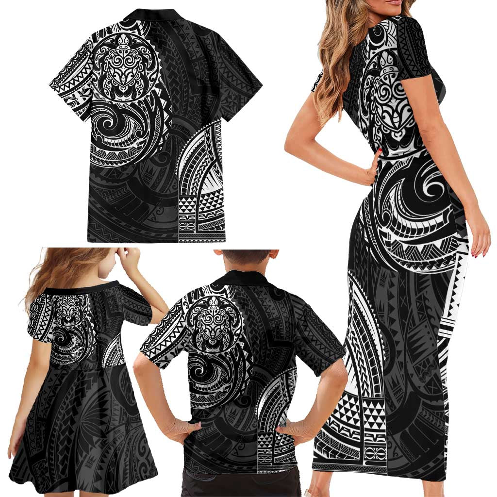 Polynesian Turtle Tribal Tattoo Family Matching Short Sleeve Bodycon Dress and Hawaiian Shirt Black Style