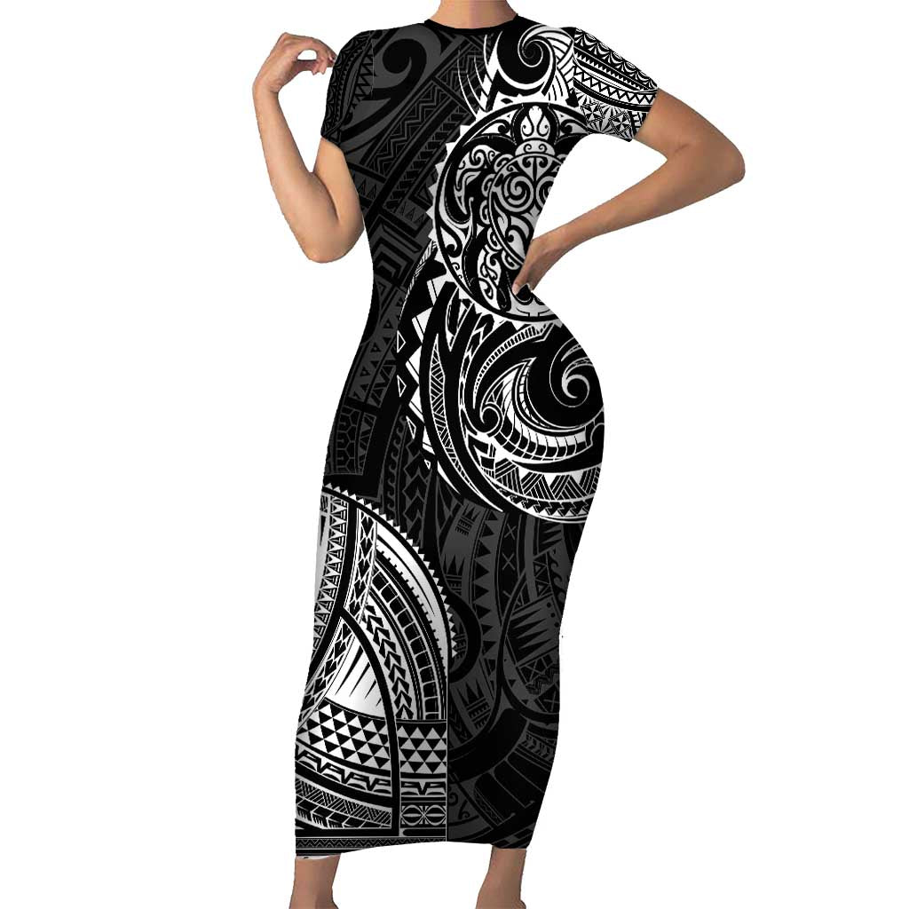 Polynesian Turtle Tribal Tattoo Family Matching Short Sleeve Bodycon Dress and Hawaiian Shirt Black Style