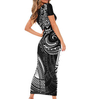 Polynesian Turtle Tribal Tattoo Family Matching Short Sleeve Bodycon Dress and Hawaiian Shirt Black Style
