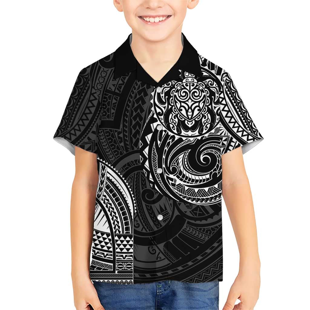Polynesian Turtle Tribal Tattoo Family Matching Short Sleeve Bodycon Dress and Hawaiian Shirt Black Style