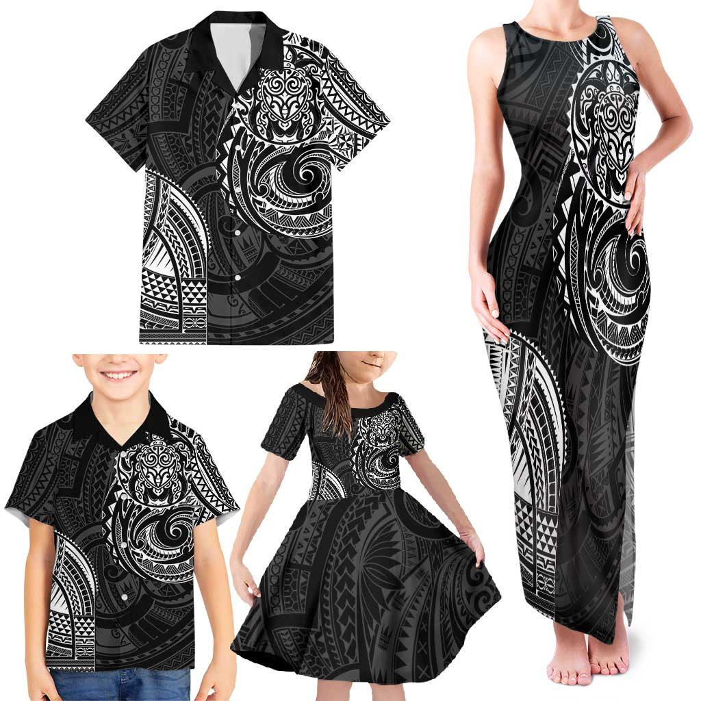 Polynesian Turtle Tribal Tattoo Family Matching Tank Maxi Dress and Hawaiian Shirt Black Style