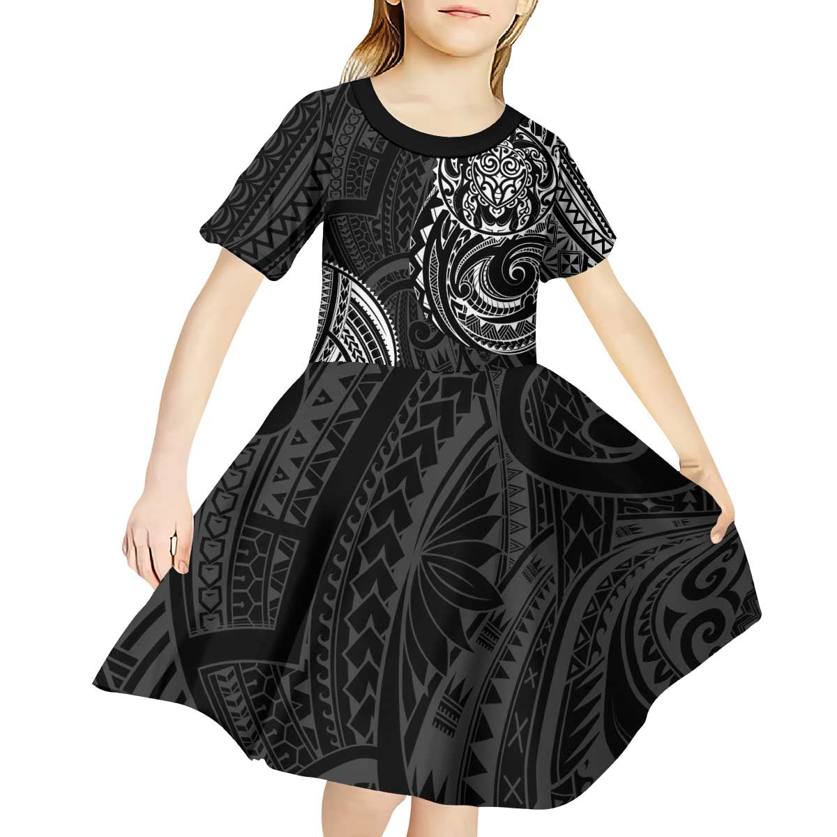 Polynesian Turtle Tribal Tattoo Kid Short Sleeve Dress Black Style