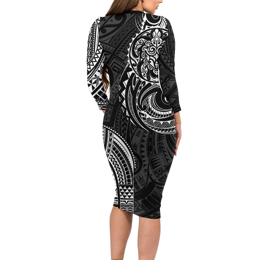 Polynesian Turtle Tribal Tattoo Long Sleeve Bodycon Dress Black Style