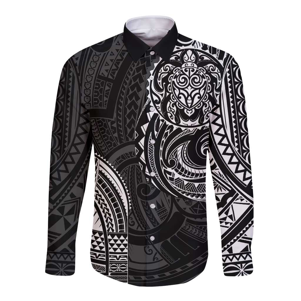 Polynesian Turtle Tribal Tattoo Long Sleeve Button Shirt Black Style LT9 Unisex Black - Polynesian Pride