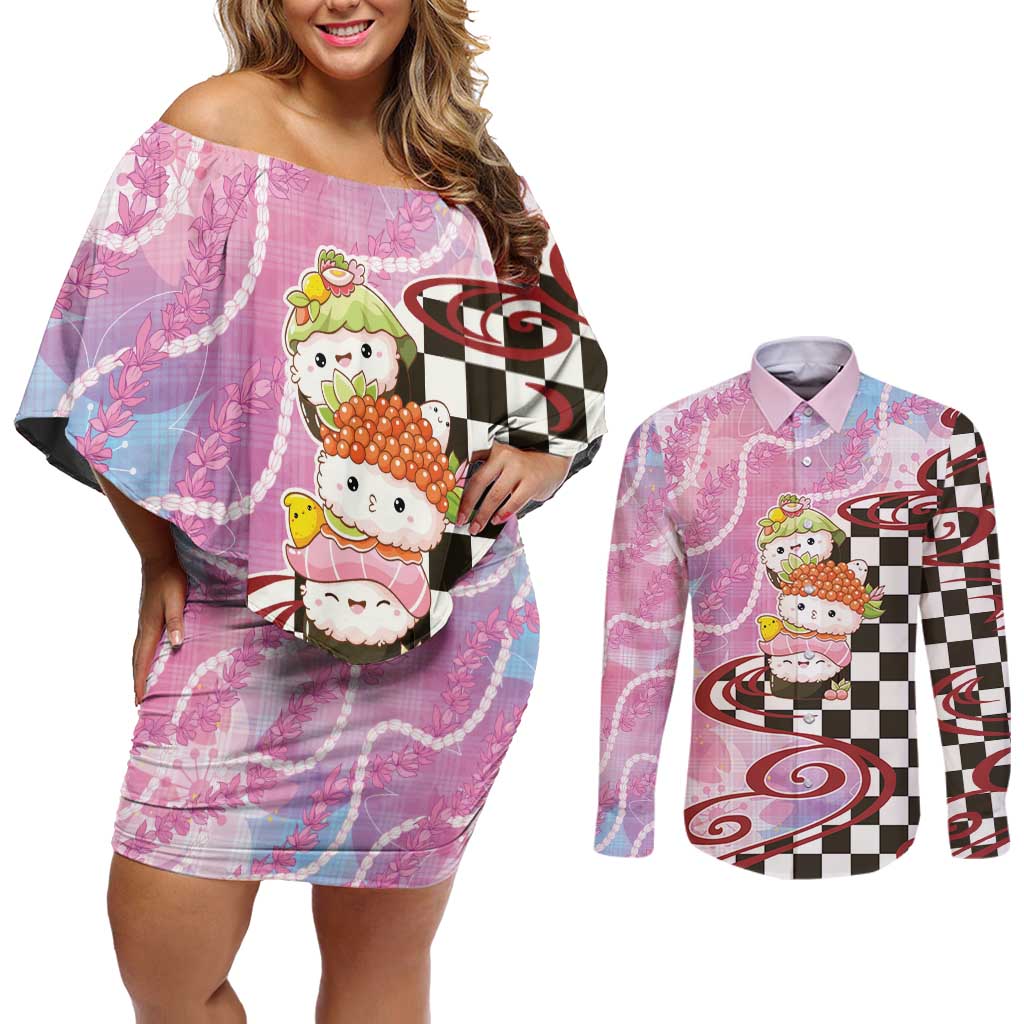 Personalized Japanese Kawaii Sushi Roll Couples Matching Off Shoulder Short Dress and Long Sleeve Button Shirt Wagara Palaka Pattern LT9 Pink - Polynesian Pride