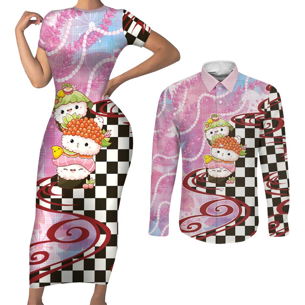 Personalized Japanese Kawaii Sushi Roll Couples Matching Short Sleeve Bodycon Dress and Long Sleeve Button Shirt Wagara Palaka Pattern LT9 Pink - Polynesian Pride