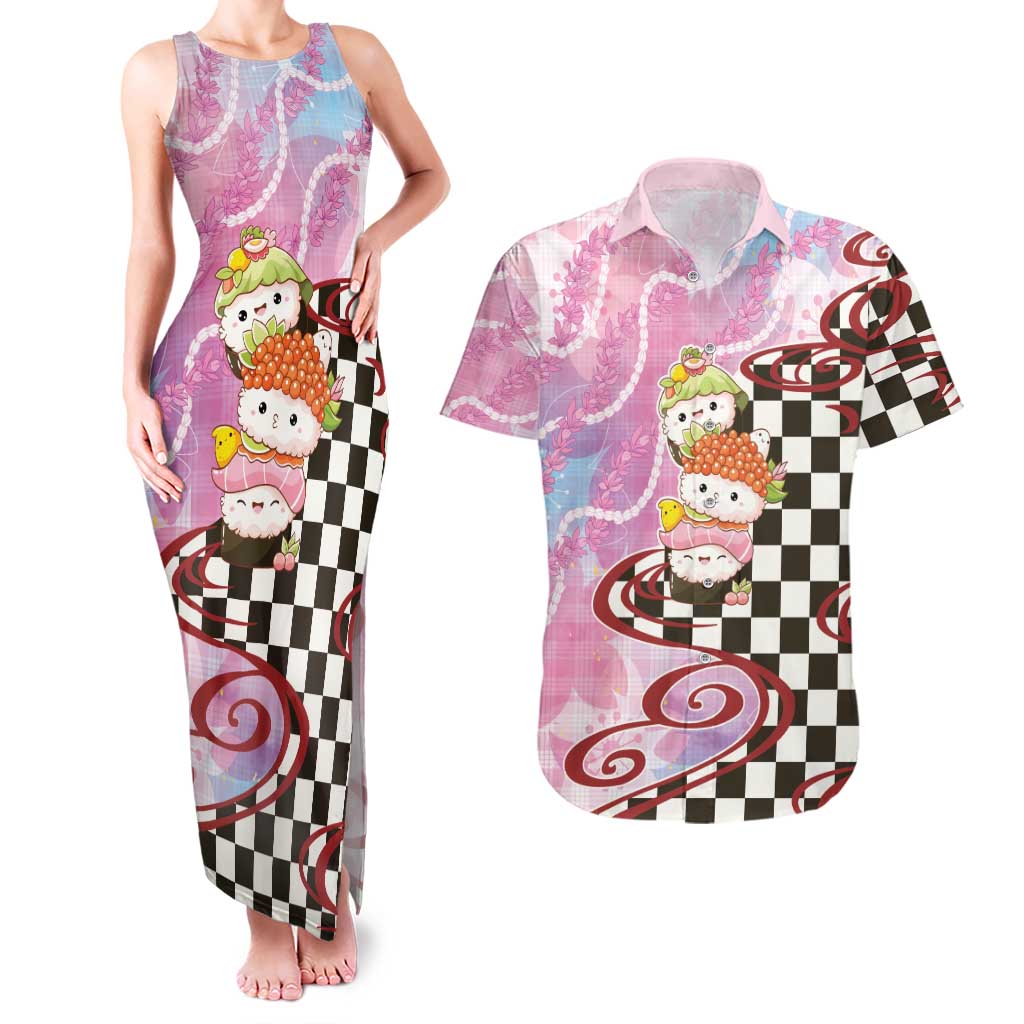 Personalized Japanese Kawaii Sushi Roll Couples Matching Tank Maxi Dress and Hawaiian Shirt Wagara Palaka Pattern