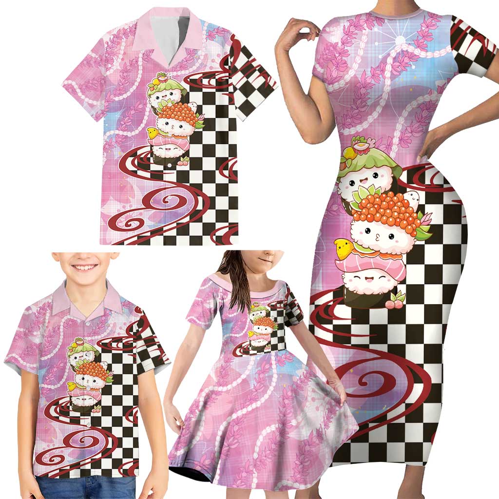 Personalized Japanese Kawaii Sushi Roll Family Matching Short Sleeve Bodycon Dress and Hawaiian Shirt Wagara Palaka Pattern