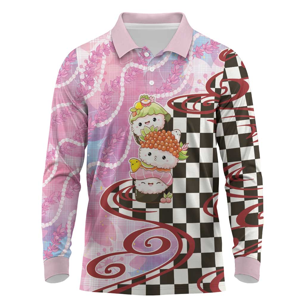 Personalized Japanese Kawaii Sushi Roll Long Sleeve Polo Shirt Wagara Palaka Pattern