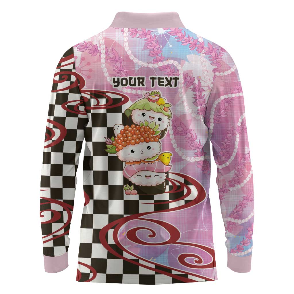 Personalized Japanese Kawaii Sushi Roll Long Sleeve Polo Shirt Wagara Palaka Pattern