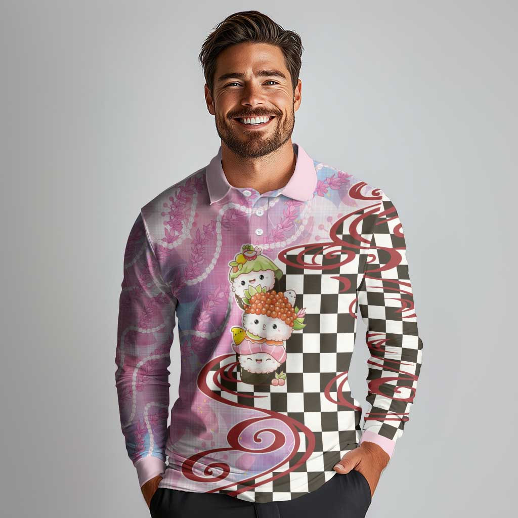 Personalized Japanese Kawaii Sushi Roll Long Sleeve Polo Shirt Wagara Palaka Pattern