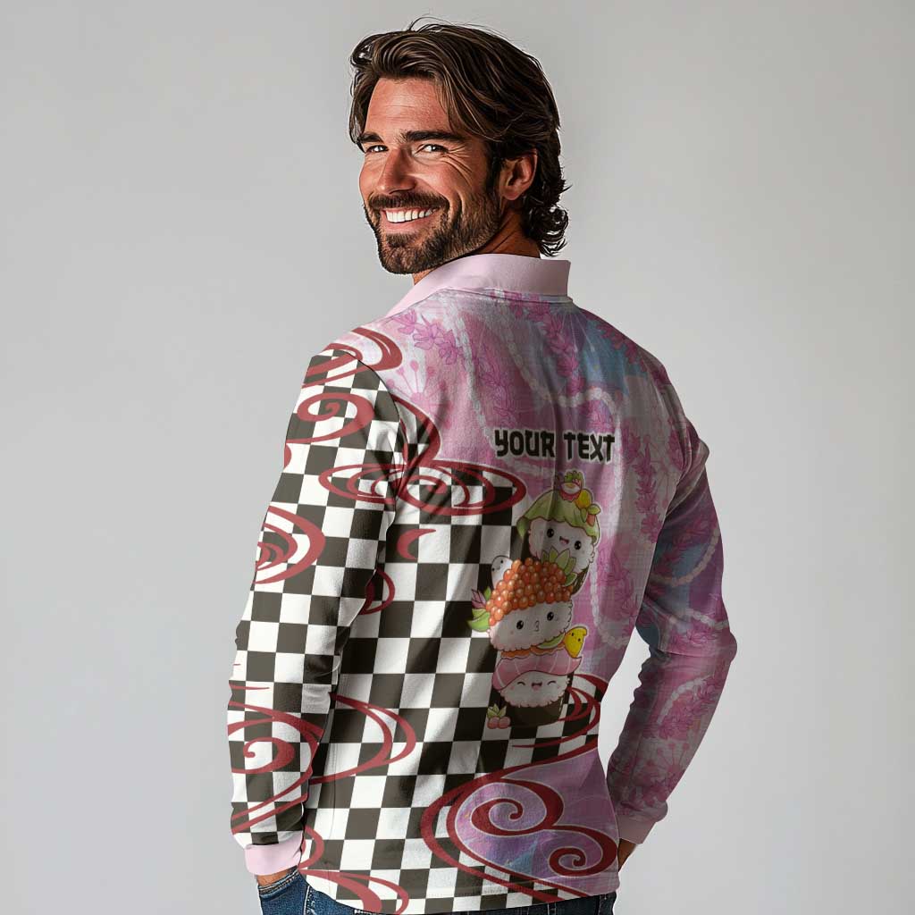 Personalized Japanese Kawaii Sushi Roll Long Sleeve Polo Shirt Wagara Palaka Pattern